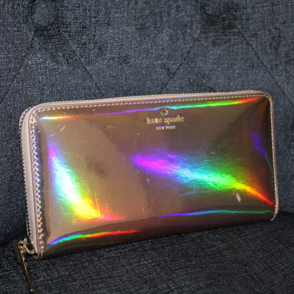 Kate Spade rose gold iridescent zip around wallet